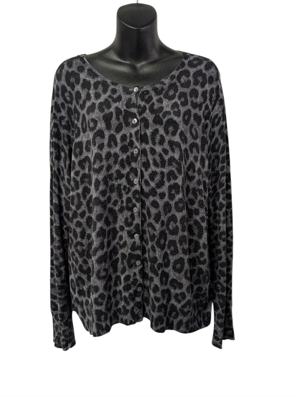 George Womens Gray Black Leopard Knit Button Front Cardigan Sweater 2XL